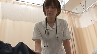 An Asian nurse gives him a bath then slabs herself on his cock