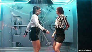 Adorable and sassy white chicks in office outfit dancing under the rain