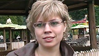 Perverted light haired nympho in glasses wins a chance to be fucked doggy