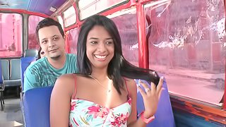 Charming brunette Susan blows and gets fucked doggy style in a bus