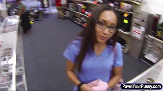 Desperate latina nurse in glasses trades her muff with cash