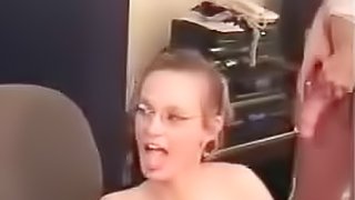 Fake tits GF in glasses sucks him off