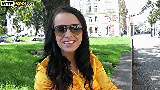 Spoiled brunette nymph shows her boobs and pussy in public