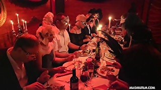 Fetish Cosplay Swinger Party - Redhead and blonde masked MILFs in group orgy