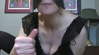 Mature white wife in the mask gives me handjob and makes me cum