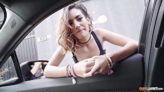 Nasty Spanish chick Penelope Cum gives a blowjob in the car and gets her slit rammed indoor