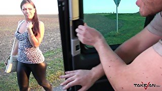 Big ass hitchhiker is hesitant to get in a stranger's car but she wants sex