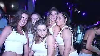 Compassionate babes with nice ass in short dancing lovely in the club party