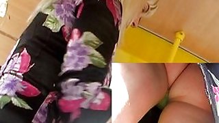 Miniature green belts upskirt