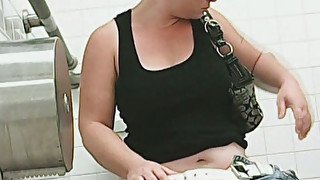 Chunky white lady filmed on hidden cam in the public restroom