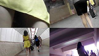 Upskirt porn with a skinny ass gal in a public place