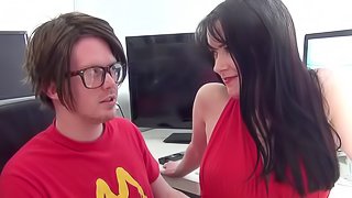 Busty Tanya Fox is sucking the nerdy guy's cock with a great pleasure