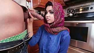 Submissive Indian wifey Ada S gives solid blowjob to her white man at kitchen