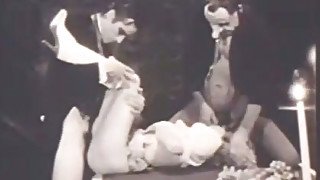 Black and white vid where blonde nympho gets fucked by two dudes