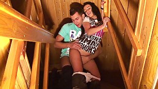 Booty brunette wench Emmy has hot sex with her kinky BF on stairs