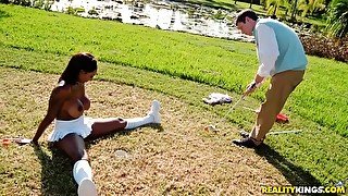 Busty hot black girl in sexy fluffy skirt Brandi gets fucked on golf field