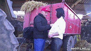 Dirty cheap village whore gets mouthfucked by farm man quite hard