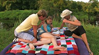 Slutty Russian amateur teen on the picnic with two boys