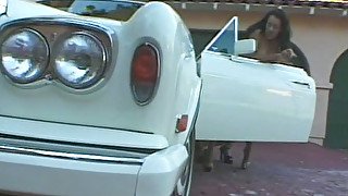 Latino brunette sluts have fun in car in a yard. Tasty video