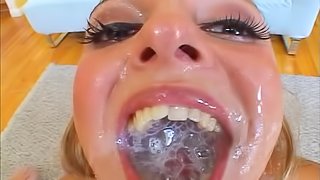 Lexi Love takes cum in mouth after being gangbanged in a face fucking group sex