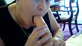 52 years old BBW wife practices her blowjob skills on monster dildo